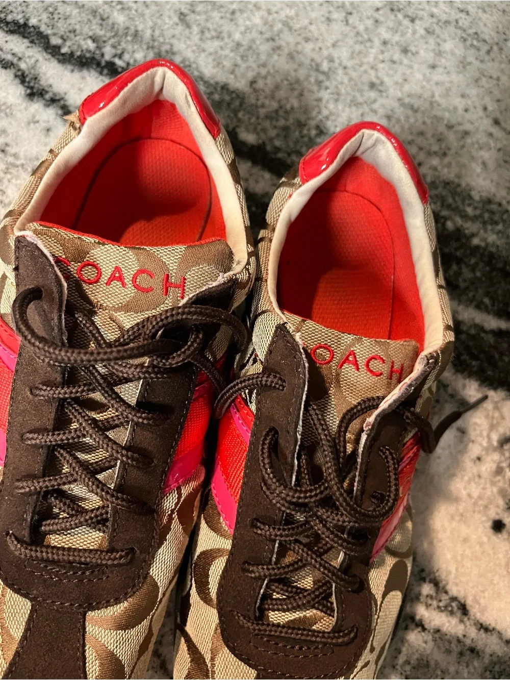 Coach Brown Signature Sneakers with Pink & Red Accents 7 M
